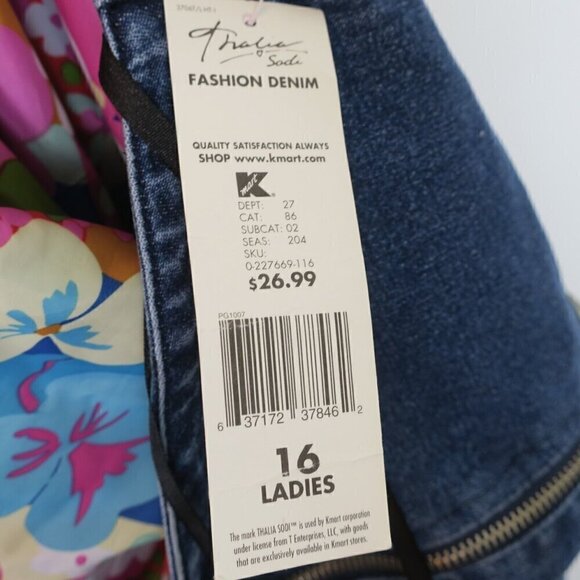 Thalia Sodi Y2K Vintage Halter Sleeveless Denim Jean Mini Dress Floral Womens 16 - Picture 5 of 8
